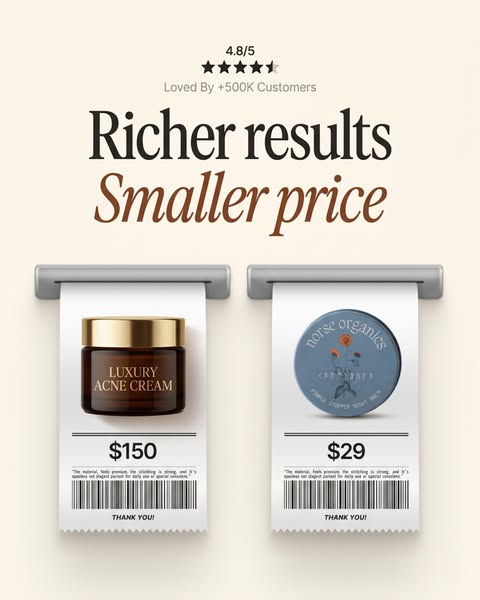 The ad promotes skincare products, specifically comparing a high-end acne cream with a more affordable alternative, high