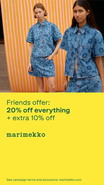 This ad features two women wearing matching denim floral print shirts and skirts. A yellow section at the bottom of the
