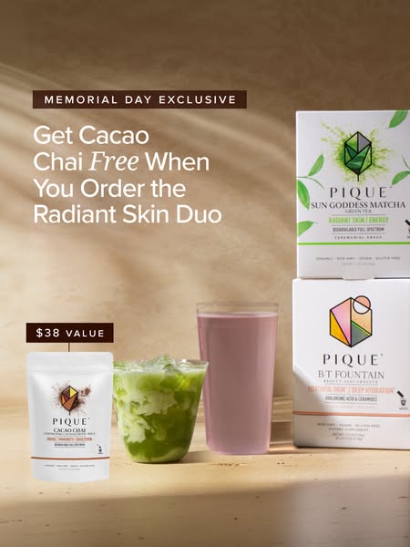 This image ad promotes Pique Tea's Radiant Skin Duo, offering a free Cacao Chai tea with the purchase. It features p