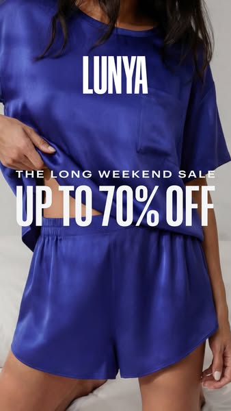 This image ad from Lunya promotes their 'Long Weekend Sale' and offers customers up to 70% off.