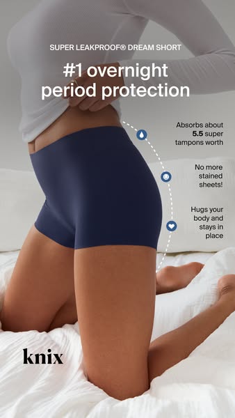 This ad for Knix promotes their Super Leakproof Dream Short as #1 overnight period protection. An image of a person wear