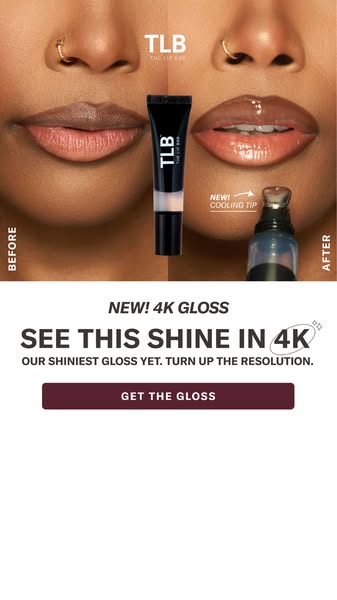 The ad showcases TLB The Lip Bar's 4K gloss, highlighting its ability to enhance lip shine and appearance. It featur
