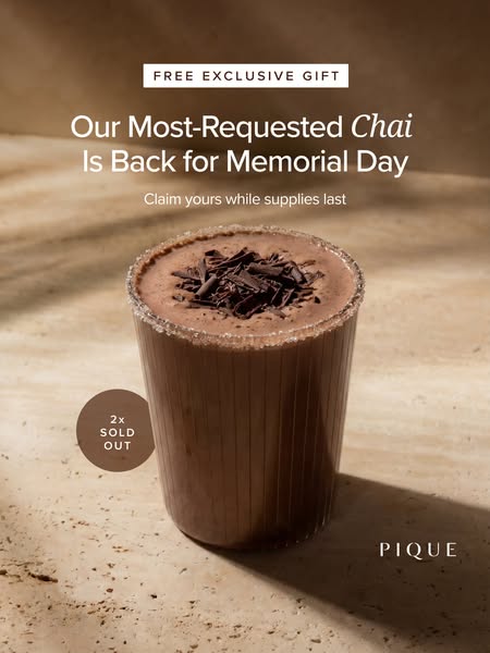 This image ad from Pique Tea promotes their most-requested chai, which is back for Memorial Day, and is available as a f