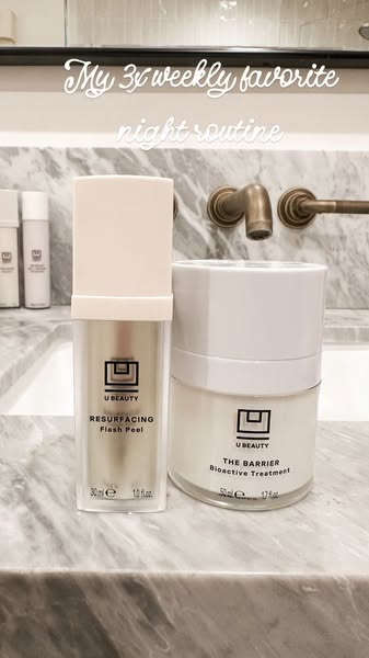 This ad features U Beauty products, specifically the Resurfacing Flash Peel and The Barrier Bioactive Treatment, display