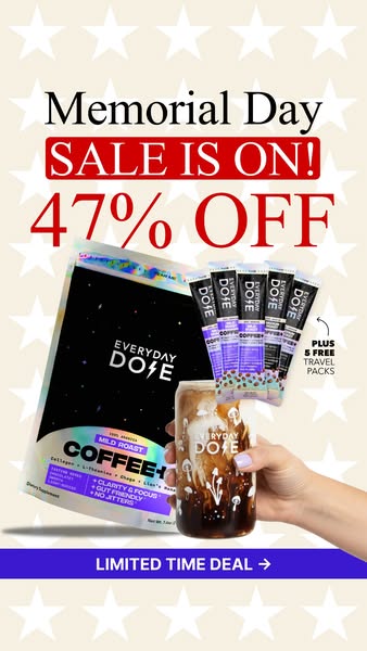 This single image ad is for Everyday Dose coffee and promotes a sale for Memorial Day. The ad also highlights the benefi