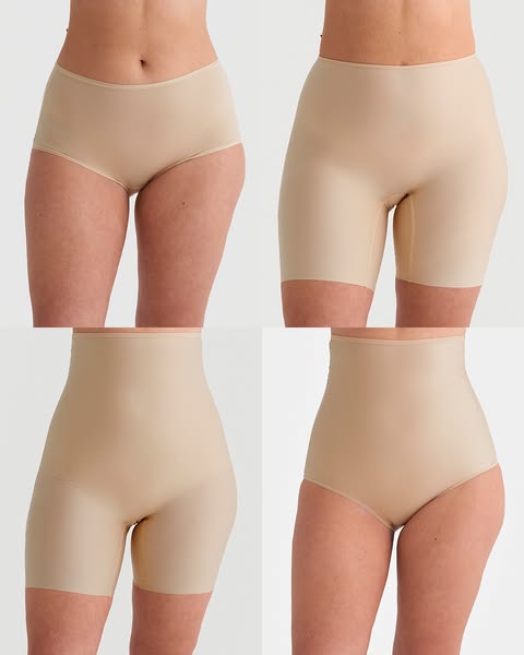 A beige-toned ad showcasing a variety of shapewear.