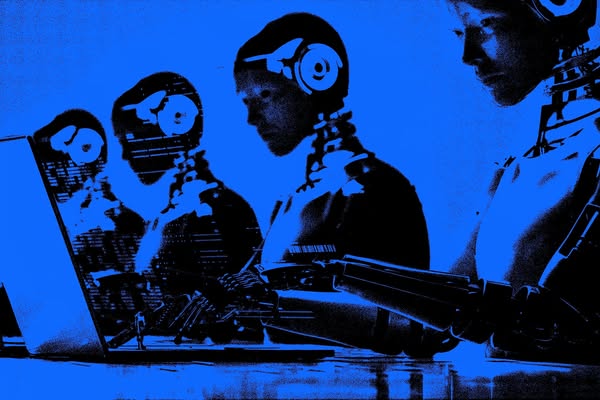 This ad features a blue-toned image of several humanoid robots working at computers. The image suggests a futuristic or