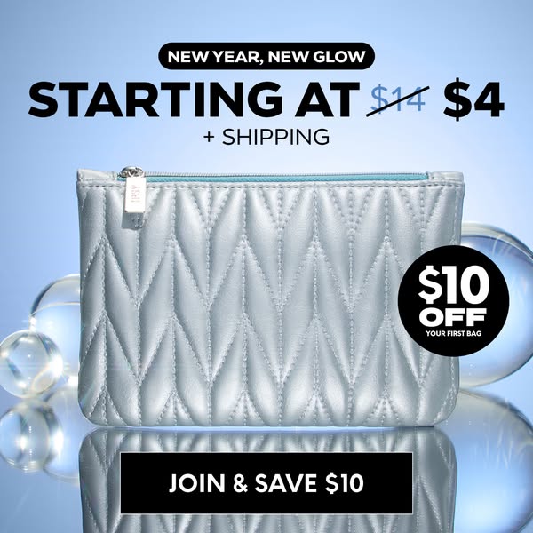 This image ad for Ipsy promotes a New Year, New Glow offer, highlighting a discounted price for the first bag and an add