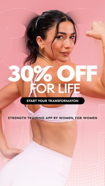 This ad for a strength training app features a woman flexing her bicep and smiling at the camera. The text overlay promo