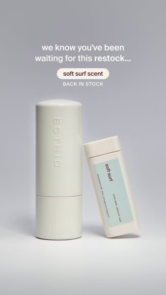 The ad shows Estrid's 'soft surf scent' is back in stock.