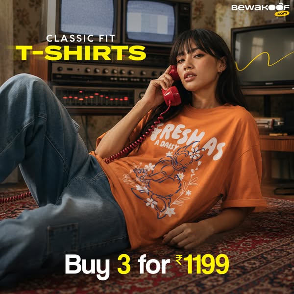 This image ad showcases classic fit t-shirts available for purchase from Bewakoof.com. The ad highlights a promotion whe