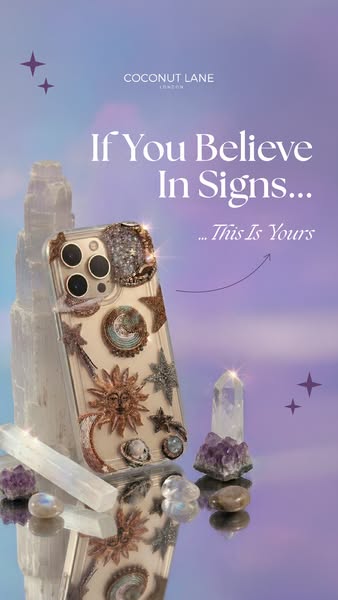 The ad features a Coconut Lane London phone case with celestial charms. The product is displayed alongside crystals and 
