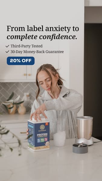 This image ad highlights a protein and creatine mix, emphasizing its third-party testing and 30-day money-back guarantee