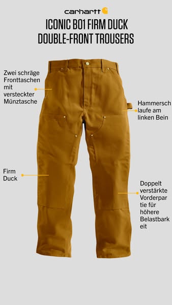 This ad showcases Carhartt's Iconic B01 Firm Duck Double-Front Trousers, highlighting key features like the front po