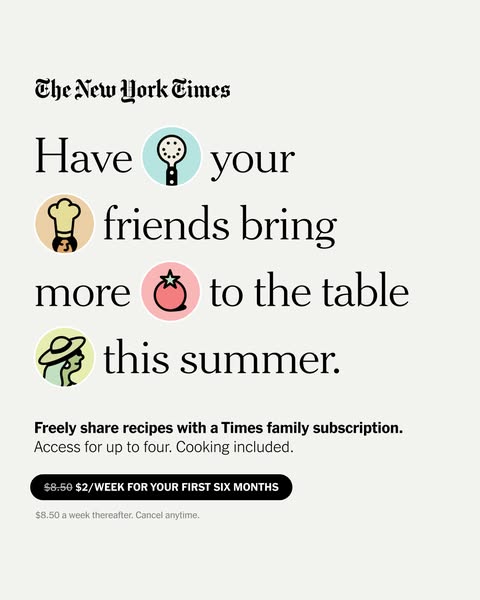 This New York Times ad promotes a Times family subscription, inviting viewers to enhance their summer gatherings by shar