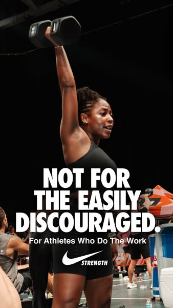 This ad features an image of a woman lifting a dumbbell with a motivational quote from Nike Strength.