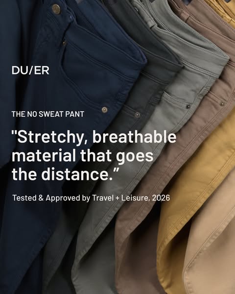 This ad features a stack of DU/ER "no sweat pants" that are displayed in an overlapping row. The product is hi