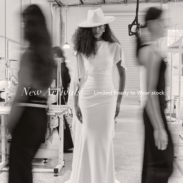 This ad showcases a woman wearing a white dress and hat. The ad promotes new arrivals and limited ready-to-wear stock.