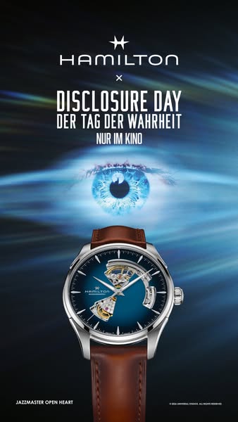 This image ad promotes a partnership between Hamilton watches and the film 'Disclosure Day'. The ad features the