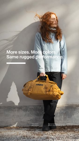 This image ad highlights the features of Thule Chasm bags by showing it held by a woman leaning against a wall. The ad c