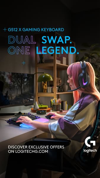 This image ad promotes the Logitech G512 X gaming keyboard with a focus on its customizable switches. The ad features a 