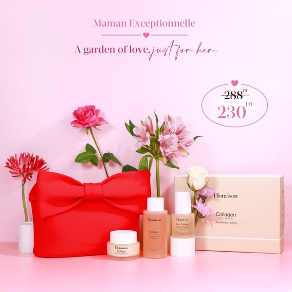 This image ad showcases Floraison collagen skincare products as a Mother's Day gift. The background is light pink, a