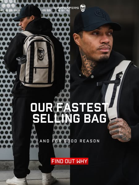 This ad for Gymreapers features an image of a man wearing a Gymreapers backpack. The ad copy highlights the popularity o