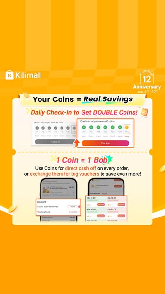 This ad promotes Kilmall's anniversary by introducing a way for users to earn coins through daily check-ins. These c