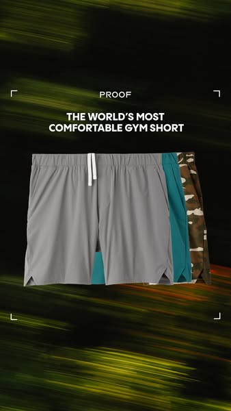 An image ad for Proof’s “most comfortable gym shorts” highlights the product using a stack of three different colored sh