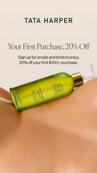 This image ad for Tata Harper promotes a 20% off discount on the user's first purchase of $100 or more when they sig
