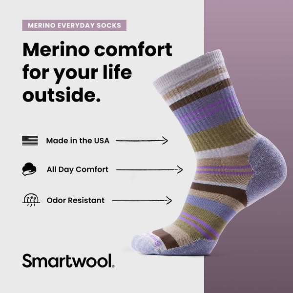 This ad promotes Smartwool merino wool socks, emphasizing their comfort, odor resistance, and U.S.A. origin, targeting o