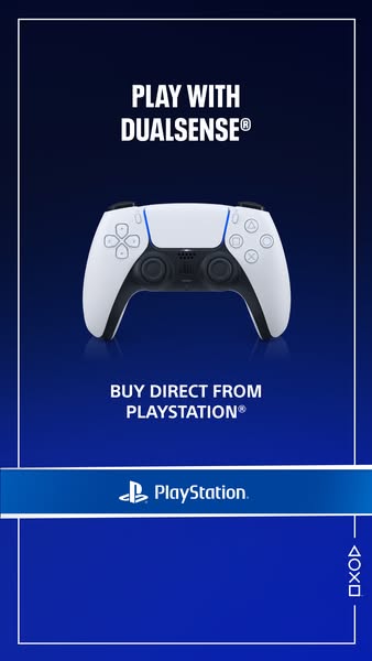 This ad promotes the Playstation Dualsense controller with a solid background.