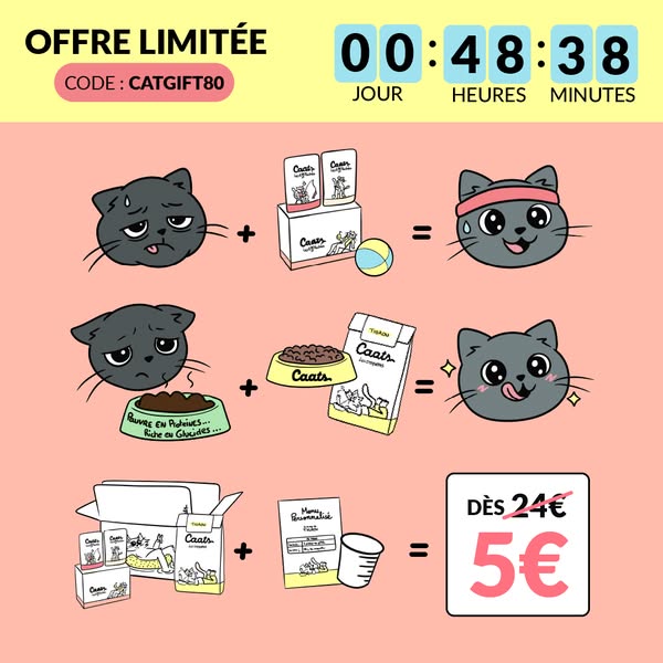This ad shows a visual story of how switching to Caats brand food can improve a cat's health and happiness, and save