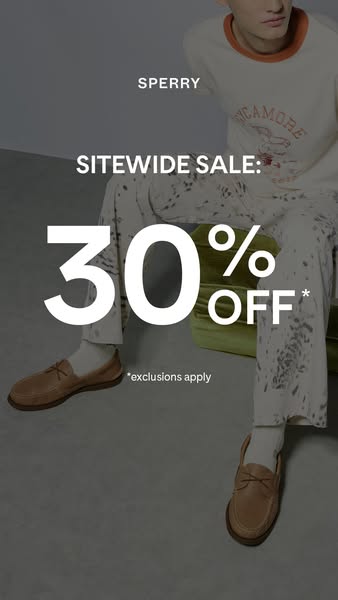This Sperry image ad features a model wearing casual clothing and Sperry shoes. The ad highlights a sitewide sale of 30%