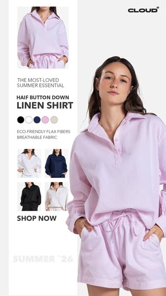 This ad showcases the Cloud brand's half-button down linen shirt and highlights its eco-friendly and breathable fabr