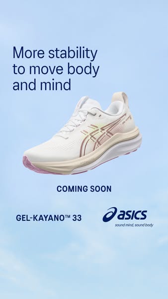 This image ad promotes the GEL-KAYANO™ 33 shoes by ASICS, highlighting their stability and positive impact on both body 