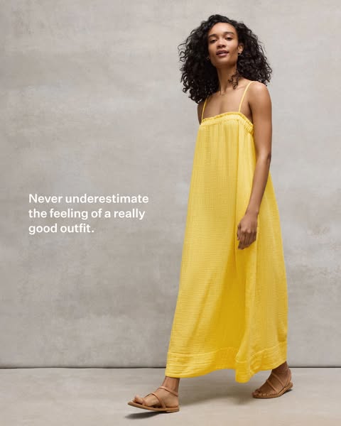 This ad presents a model wearing a yellow dress with a neutral backdrop and text overlay. The ad aims to highlight the f