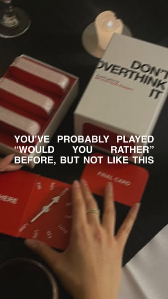 This ad shows the 'Don't Overthink It RATHER' game being unboxed and played. The ad highlights the unique ap