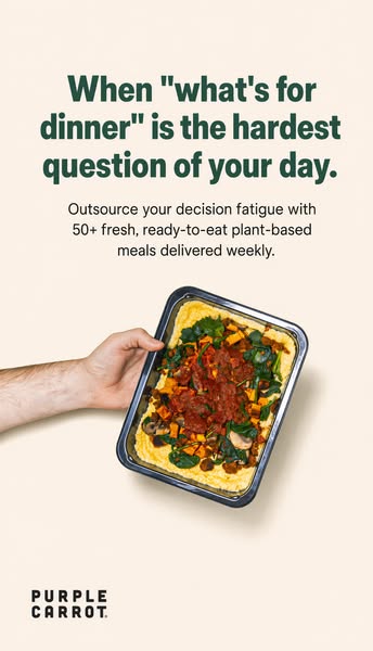 This ad for Purple Carrot aims to solve the problem of deciding what to make for dinner every night. It shows a hand hol