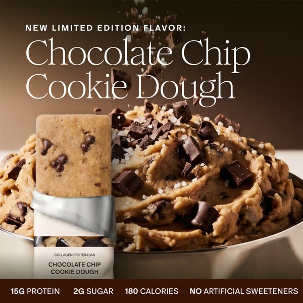 This image ad showcases a collagen protein bar in a new, limited-edition chocolate chip cookie dough flavor. The ad emph