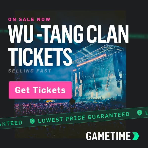 This image promotes tickets for the Wu-Tang Clan on Gametime, highlighting their low price guarantee.