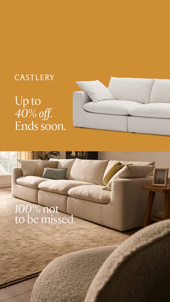 This image ad for Castlery promotes a sale of up to 40% off, showing two different product shots of their furniture.
