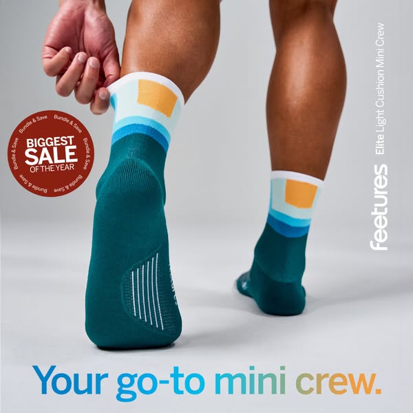 This image ad promotes Feetures Elite Light Cushion Mini Crew socks, highlighting a sale. The ad features a close-up sho
