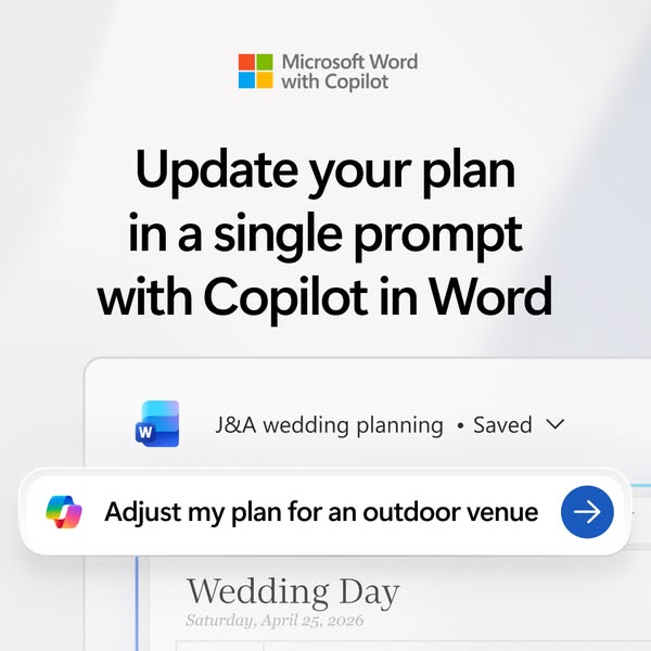 The ad promotes Microsoft Word with Copilot. It shows how Copilot in Word can update your plan in a single prompt.