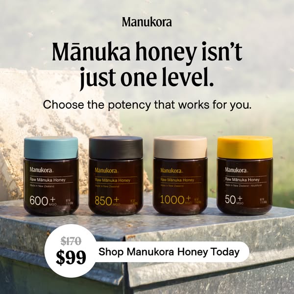 This ad for Manukora Manuka Honey uses a product presentation and discount to encourage purchases. It highlights that th