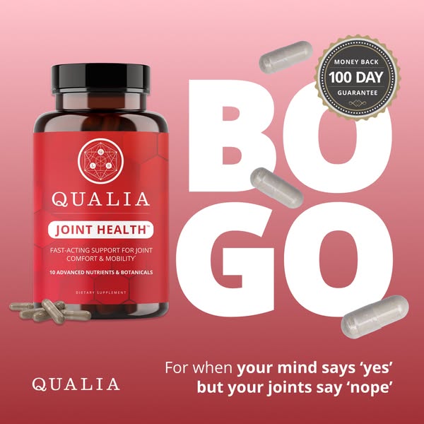 This is an image ad for Qualia Joint Health supplement. The ad highlights the supplement's ability to support joint 