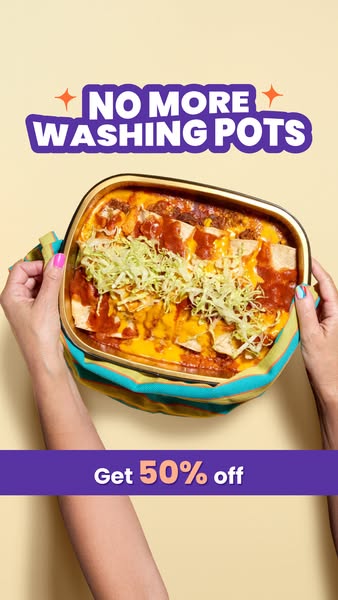 This image ad promotes a product that eliminates the need to wash pots. It features a casserole dish with enchiladas, he