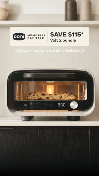 A static image ad for Ooni featuring their Volt 2 pizza oven and advertising Memorial Day savings.