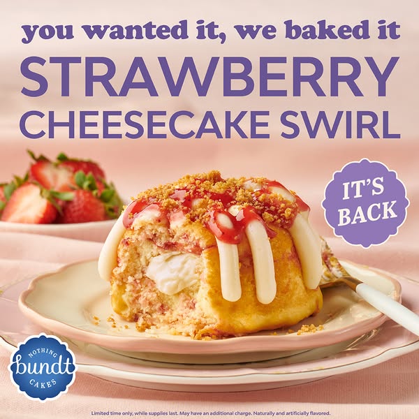 This image ad for Nothing Bundt Cakes promotes the return of their Strawberry Cheesecake Swirl flavor. It showcases the 