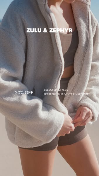 This image ad promotes a 20% discount on select winter styles from Zulu & Zephyr, featuring a model in a cozy-lookin